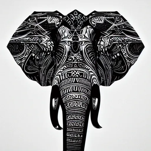 Image similar to a stylized elephant skull, geometric patterns, front view, black background, unreal engine, concept art, album cover, dry w