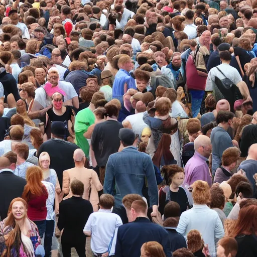 Prompt: a 3 0 foot tall, ginger, balding man walking among the crowd