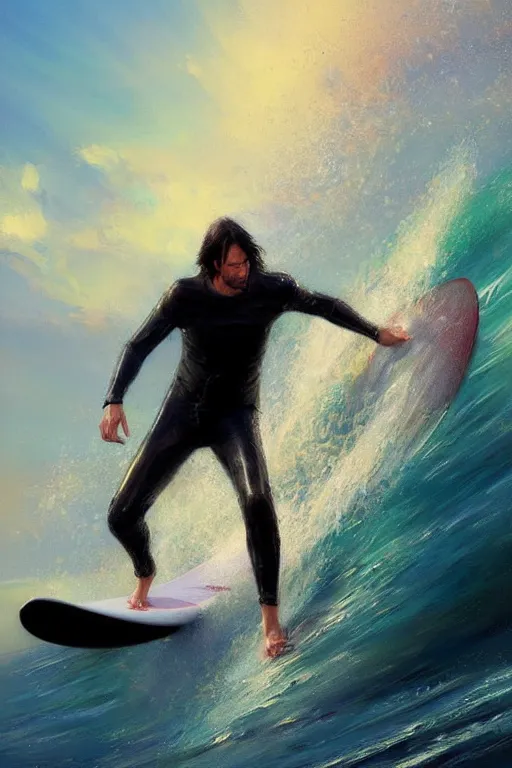 Prompt: keanu reeves surfing, sun lights, painting by daniel gerhartz, alphonse murac, detailed art, artstation