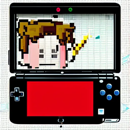 Image similar to a hand holding a nintendo DS, on the screen of the Nintendo DS is a 8bit photo of Mozart Writing a piece on a piece of paper.