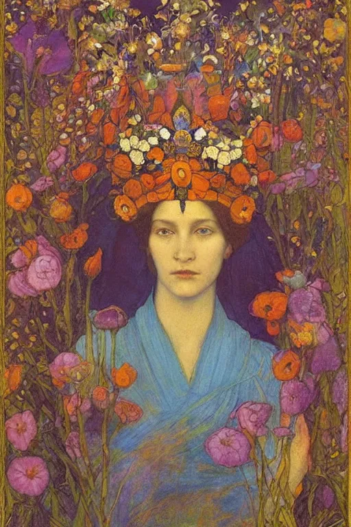 Image similar to queen of flowers by Annie Swynnerton and Nicholas Roerich, strong dramatic cinematic lighting , ornate headdress , flowing robes, lost civilizations, smooth, sharp focus, extremely detailed