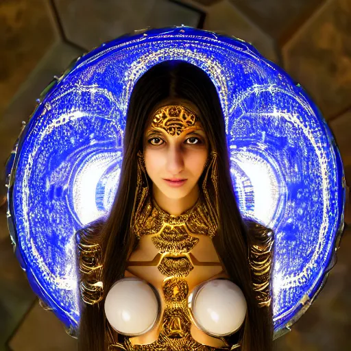 Prompt: beautiful centered Fine art photo portrait of persian girl as a solarpunk robotic humanoid, persian mechanical parts with led lights, decorated with golden persian ornaments, photorealistic, white background, highly detailed and intricate, sunset lighting, HDR 8k