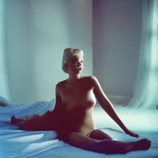 Prompt: The most beautiful 20 year old woman, nighttime, interior room, photograph by Herb Ritts and David LaChapelle, hyperreality, 4k, highly detailed