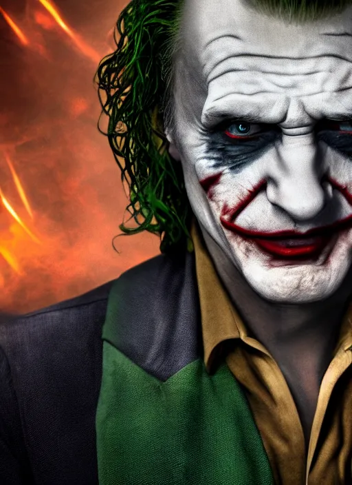 Prompt: Liam Neeson as the Joker, realistic, studio photography, 4k, cinematic lighting, explosion in the background