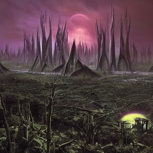 Image similar to future forest city attacked, trees, plant, broken buildings, doom of the gods, monster, gravity mess, star trek, glory war, photograph, by arthur haas and bruce pennington and john schoenherr, cinematic matte painting, zaha hadid building, photo realism, dark moody color palate, blue hour stars, desolate glacial landscape,