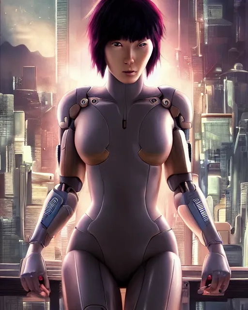 Image similar to weta disney pixar movie still portrait photo of motoko kusanagi ghost in the shell : : as cyborg woman by pixar : : by weta, wlop, ilya kuvshinov, rossdraws, artgerm, marvel, maxim cover, latex, octane render, sweaty, iridescent, bright morning, anime, liosh, mucha : :