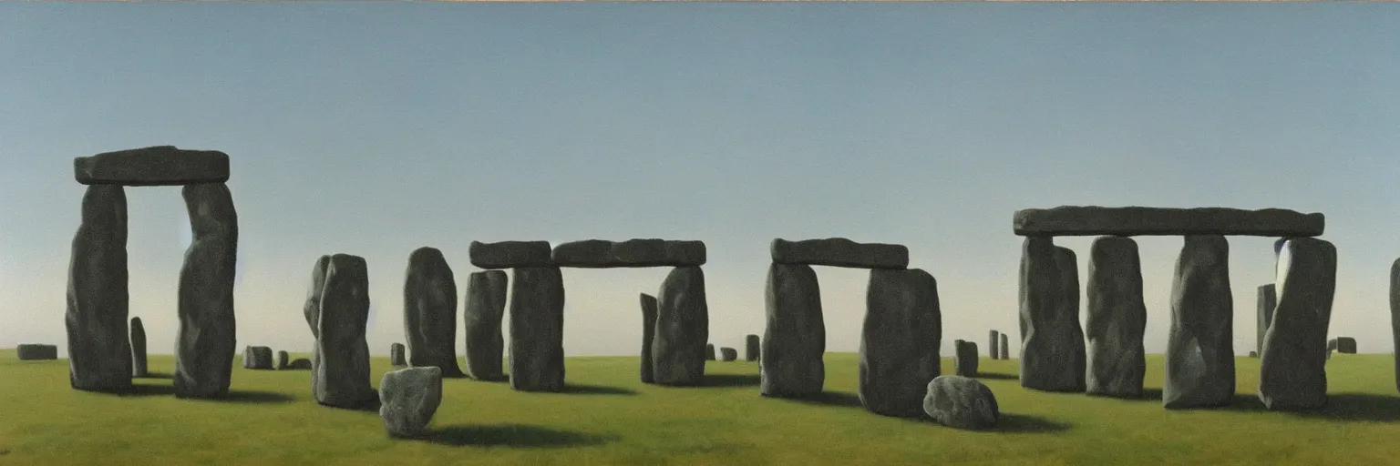 Prompt: stonehenge oil painting magritte