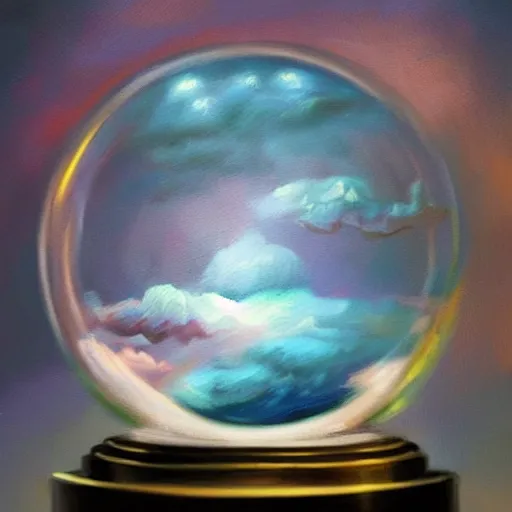 Image similar to a rainstorm inside a snowglobe. Beautiful colorful clouds in moody greys and blues. High quality award winning detailed!!! oil painting, trending on artstation