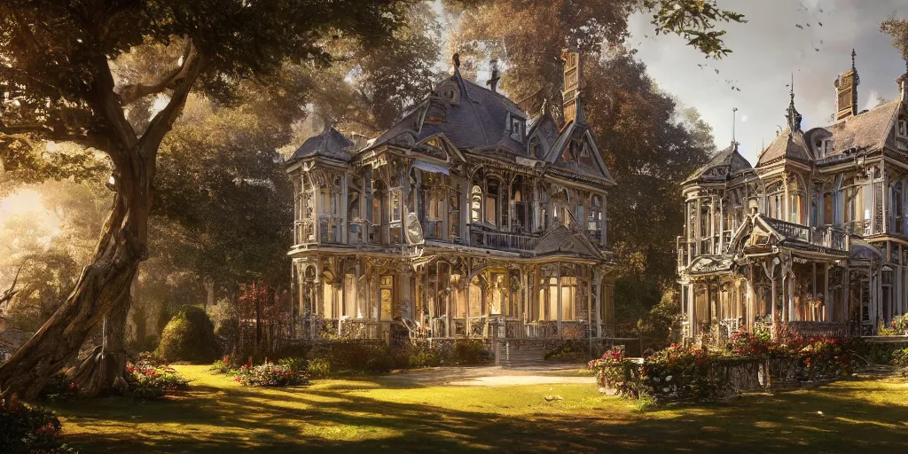 Image similar to a finely detailed photograph of a late Victorian house surrounded by beautiful gardens, view from ground level, elegant, ornate, daytime, beautifully lit scene, ray traced, octane render by Peter Mohrbacher and Peter Gric