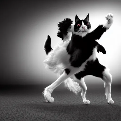 Prompt: Black and white cat dancing to thriller with Michael Jackson, realistic, 8k