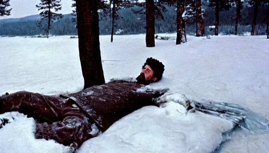 Image similar to 1 9 6 0 s movie still of marcus aurelius frozen to death under the snow by the side of a river with gravel, pine forests, cinestill 8 0 0 t 3 5 mm, high quality, heavy grain, high detail, texture, dramatic light, anamorphic, hyperrealistic, detailed hair, foggy