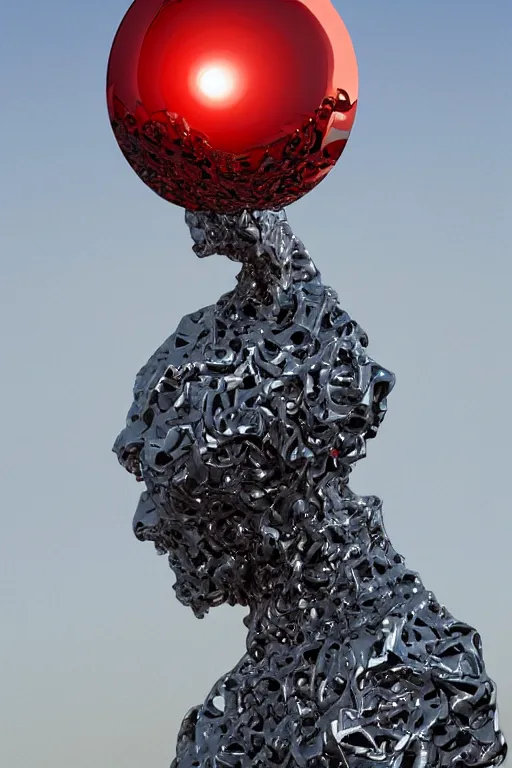 Image similar to realistic 8k Bernini Sculpture of random reflective metal pieces forming the shape of a person silhouetted by a red sun, smooth, sharp focus, 24mm lens, DOF, hyper realistic, art by Artem Demura and Greg Rutkowski and Ruan Jia