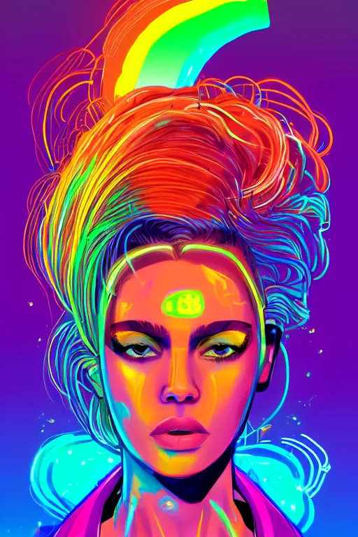 Image similar to a award winning half body portrait of a beautiful woman with stunning eyes in a croptop and cargo pants with rainbow colored ombre hairstyle head in motion and hair flying by josan gonzales, neon outlines, outrun, vaporware, shaded flat illustration, digital art, trending on artstation, highly detailed, fine detail, intricate