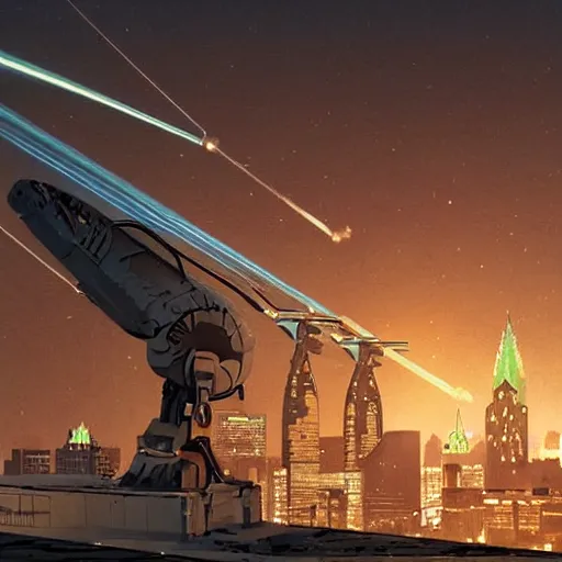 Image similar to giant alien tripods destroying philadelphia with heat rays, artstation, volumetric lighting