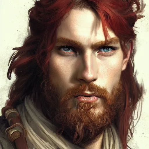 Image similar to portrait of a young rugged pirate, male, masculine, handsome, upper body, red hair, long hair, D&D, fantasy, intricate, elegant, highly detailed, digital painting, artstation, concept art, matte, sharp focus, illustration, art by Artgerm and Greg Rutkowski and Alphonse Mucha
