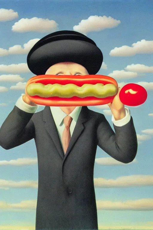 Image similar to Rene Magritte's Son Of Man painting with a floating pink hotdog blocking the face, the hotdog has a stem and leaves and is growing more unripe hotdogs on the hotdog vine