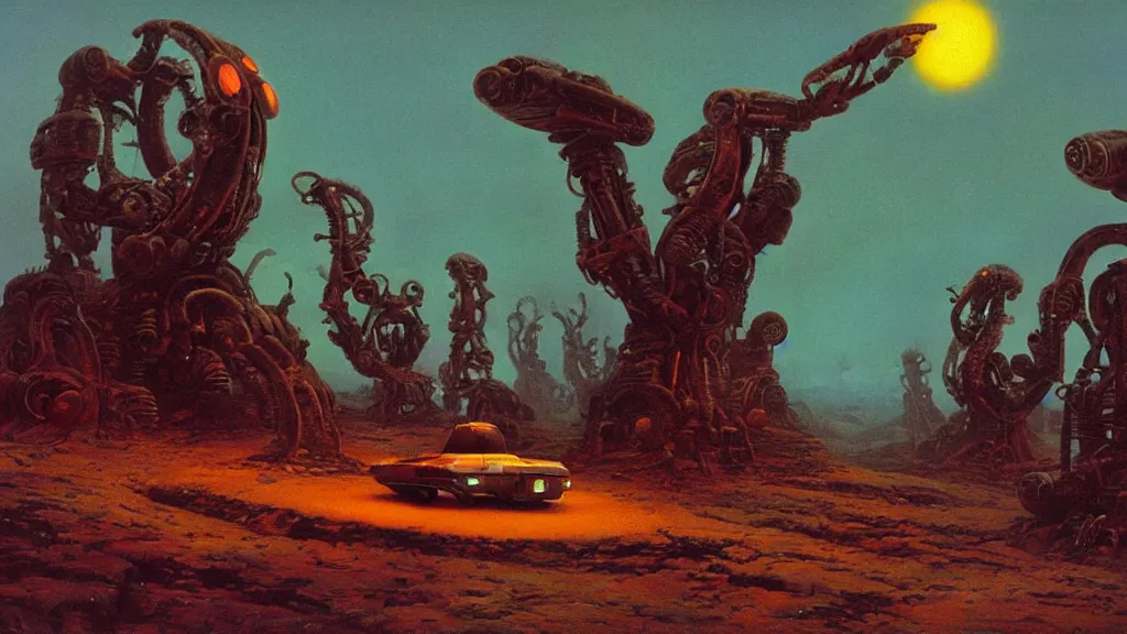 Image similar to mysterious whimsical sculpture of alien technology by paul lehr and john schoenherr and john harris, cinematic matte painting