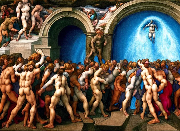 Image similar to crowd of people, water portal to hell located in heaven, photorealistic, rule of thirds, 4 k, alvah angelrune, michelangelo, colorfull