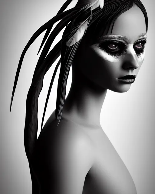 Image similar to surreal mythical dreamy dark artistic black and white fine art 3 / 4 portrait photo of a young delicate mutant female - cyborg - vegetal - orchid - bird with long pale feather hair, rim light, cinematic, studio dramatic light, poetic, octane render, 8 k, photo - realistic