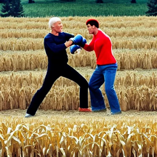 Prompt: rocky balboa punching joe biden in the middle of a corn maze