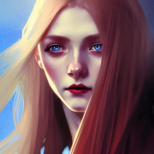 Image similar to portrait of a beautiful young fit girl vampire with long blonde hair and blue eyes, wearing a skirt, by greg rutkowski and alphonse mucha, d & d character, gradient white to red, modern nocturnal background, highly detailed portrait, digital painting, artstation, concept art, smooth, sharp focus ilustration, artstation hq