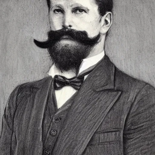 Image similar to portrait of an action hero, suit, bow tie, mustache, by alfred stevens in charcoal