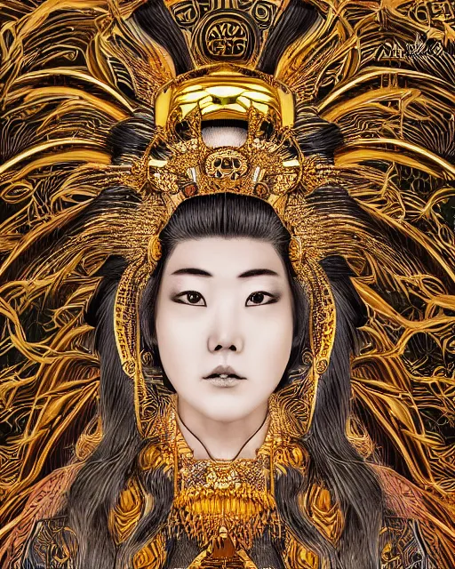 Image similar to hyper realistic portrait photo of ameterasu the sun goddess of japan, portrait shot, intricate detail