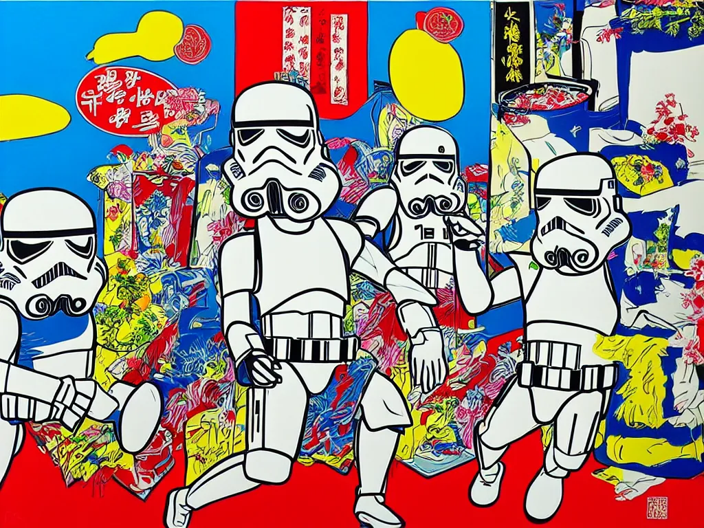 Image similar to hyperrealism composition of the asian home with a garden, detailed stormtrooper in hot springs, pop - art style, jacky tsai style, andy warhol style, roy lichtenstein, acrylic on canvas