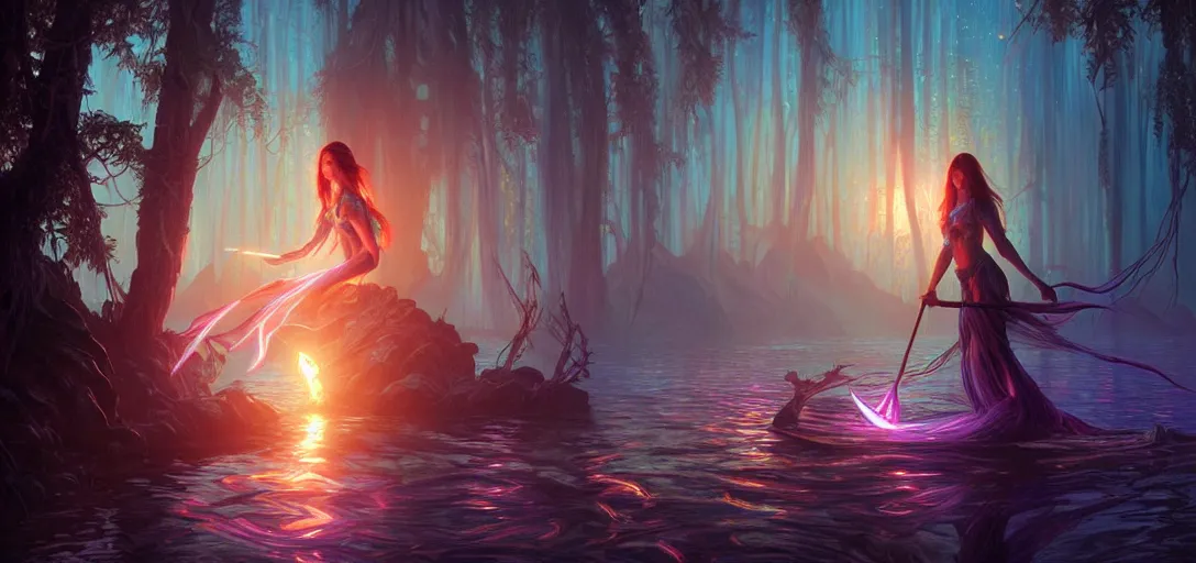 Prompt: epic fantasy render of a beautiful bioluminescent lake, dark retrowave, highly detailed, digital painting, cinematic, hyperrealism, rpg portrait, dynamic lighting, art by magali villeneuve and alphonse mucha, artstation, octane render, cgsociety