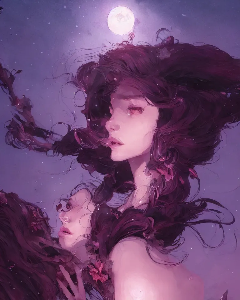 Image similar to a highly detailed image of A beautiful woman basking in the moonlight, with medium length magenta hair covering an eye, tall tree, large obsidian chunks, cinematic lighting, dramatic atmosphere, by Dustin Nguyen, Akihiko Yoshida, Greg Tocchini, Greg Rutkowski, Cliff Chiang, 4k resolution, trending on artstation