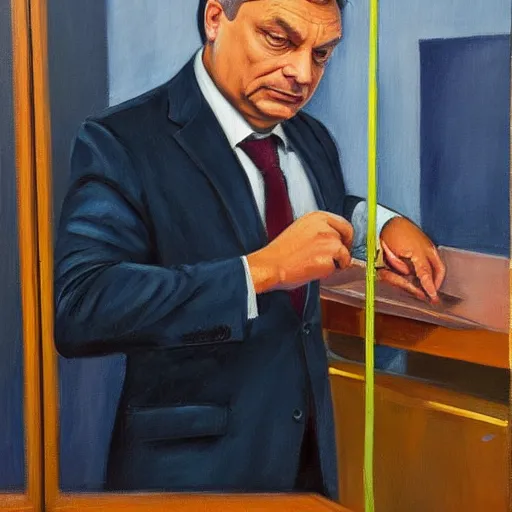 Prompt: viktor orban fixing his tie in a cubicle, oil painting