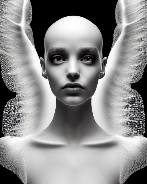 Image similar to a black and white 3D render of a beautiful portrait of a young female angelic-dragon-cyborg face with a very long neck, big clear eyes, thin nose, big lips, hair floating in the wind, 150 mm, flowers, Mandelbrot fractal, anatomical, flesh, facial muscles, veins, arteries, full frame, microscopic, elegant, highly detailed, flesh ornate, elegant, high fashion, rim light, ray trace, octane render in the style of H.R. Giger and Man Ray, Realistic, Refined, Digital Art, Highly Detailed, Cinematic Lighting, rim light, black and white, photo-realistic Unreal Engine, 8K