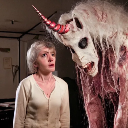 Image similar to b - grade horror film budget production a very strange creature made of cronenberg unicorn