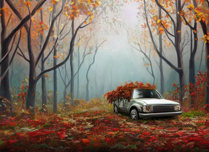 Image similar to A painting of an overgrown car in a forest, vines coming down from the tall trees, autumn, rocky ground, digital art, trending on Artstation, immaculate scale, amazing composition, cartoon illustration