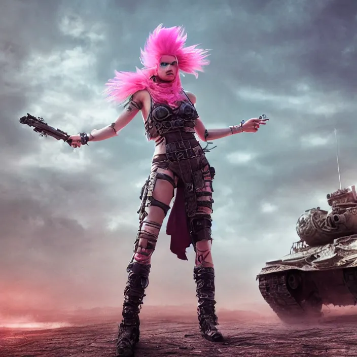 Prompt: realistic beautiful apocalyptic woman with pink Mohawk, standing on mad max panzer tank, 4k ultra hd, fantasy dark art, tank girl, artstation, octane render