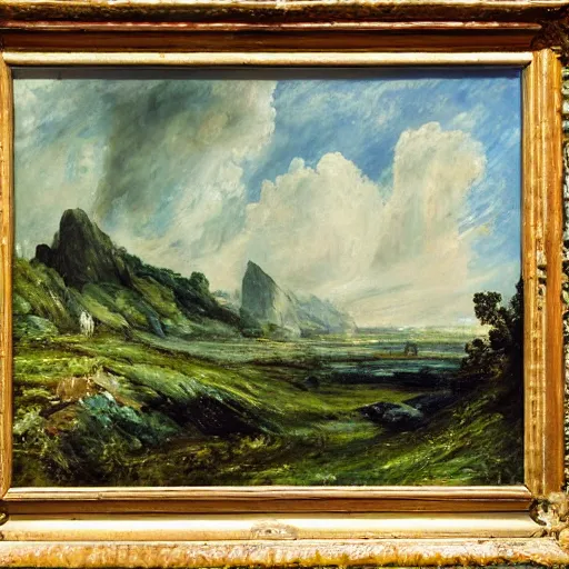 Image similar to detailed painting of a lush natural scene on an alien planet by john constable. beautiful landscape. weird colourful vegetation. cliffs and water.
