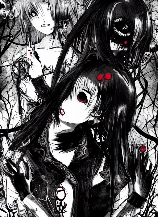 Image similar to a dark picture comic featuring blood horror and goth anime girls, anime vampires, evil horror vibes