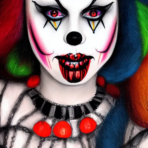 Image similar to goth clown girl, painting, highly detailed, artstation, colorful, beautiful