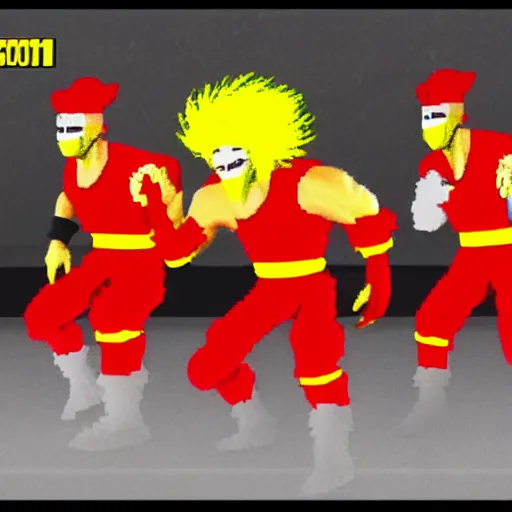 Prompt: screenshot of ronald mcdonald, white face, red afro, red nose and yellow outfit as fight enemy in 9 0's mortal kombat 3, mk 3, mortal kombat 3, sega genesis video game, upscaled to high resolution