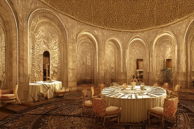 Prompt: “Nicely decorated setup, it was a large rectangle table that looked to shine gold with marble texture. An oval shape with its walls containing sculpted ancient Greek arches surrounding the walls. Well crafted architecture that was built around the curving shape of the roof. On the ceiling there was round dome shaped orange beige light that shined down.” Realistic Fantasy Render. 4K HD.