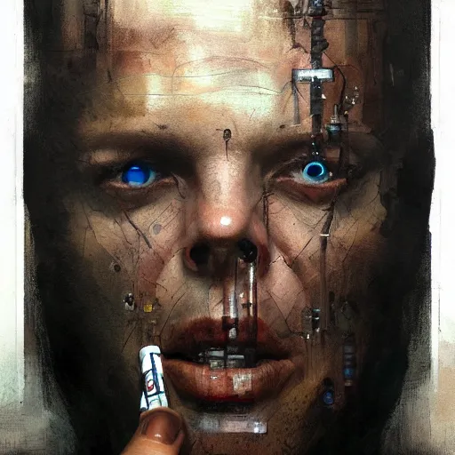 Prompt: case, portrait of an augmented middle aged human, cigarette, smoke, neuromancer, painted by seb mckinnon, high detail, dramatic light, digital art, painted by greg rutkowski, promotional movie posterart, trending on artstation