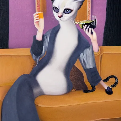 Prompt: a fine portrait of a Siamese cat dressed in fancy expensive designer clothes smoking and having a drink in a luxurious hotel, ultrarealistic, real fantastic art, 16K