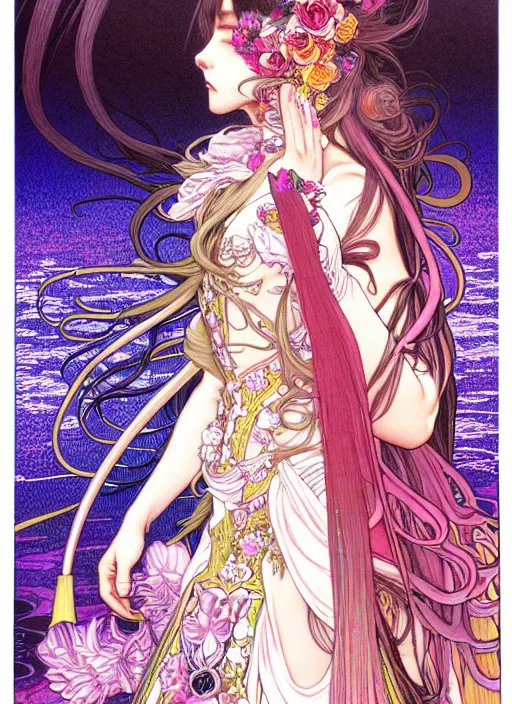 Image similar to artstation highly detailed terada katsuya fantasy bloom manga poster of girl mechine, rainbow gradient reflection, ayami kojima, long hair, armor, dress, laces, ruffles, 8 k, maximalist, alphonse mucha