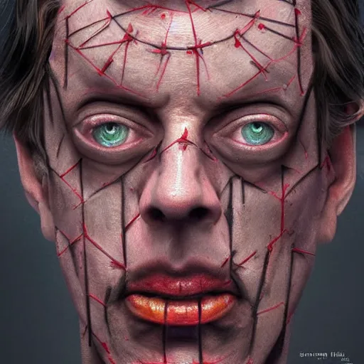 Prompt: hyperrealistic mixed media high resolution painting of (Steve Buscemi) disguised as !!Hellraiser!!, stunning 3d render inspired art by Jamie Salmon and István Sándorfi and Greg Rutkowski, perfect facial symmetry, dim volumetric lighting, 8k octane beautifully detailed render, full body shot, post-processing, extremely hyper-detailed, intricate, epic composition, highly detailed attributes, highly detailed atmosphere, cinematic lighting, masterpiece, trending on artstation, very very detailed, masterpiece, stunning, flawless completion, lifelike texture, perfection,