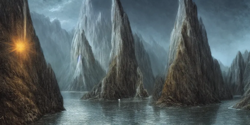 Prompt: Argonath statues at the River Anduin, evening, detailed matte painting, low angle view, cinematic, Alan Lee, Artstation