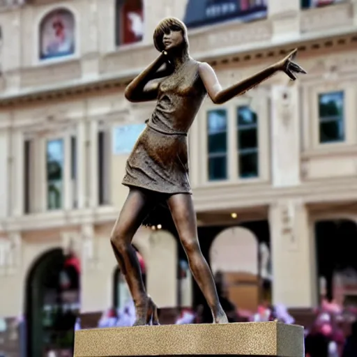 Prompt: a bronze sculpture of taylor swift on a plynth in the middle of the town square