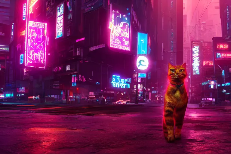 Image similar to cyberpunk ginger cat in the city, neon lighting, rendered in unreal engine, trending on artstation