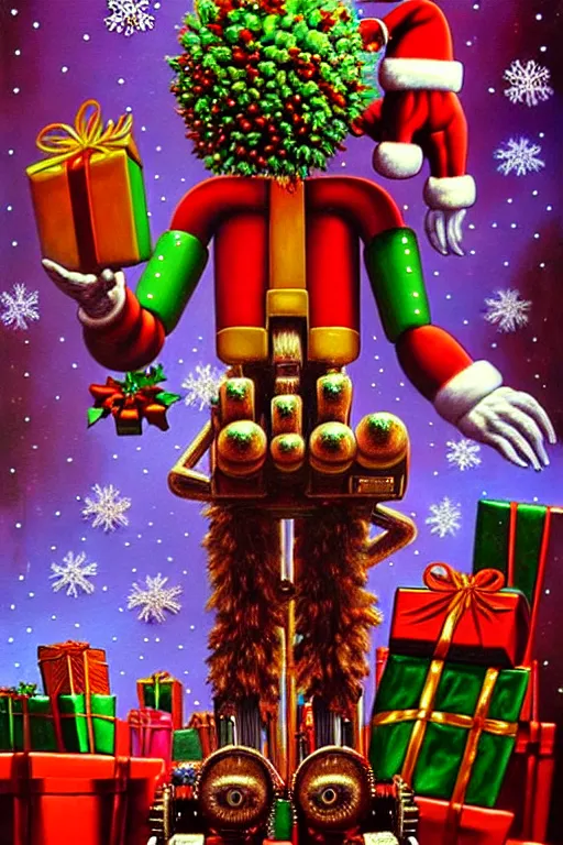 Image similar to a hyperrealistic painting of a 3 d christmas nightmare giant mechanical nutcracker, cinematic horror by chris cunningham, lisa frank, richard corben, highly detailed, vivid color,