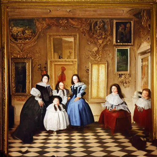 Image similar to family portrait in the main room of the castle painted in 1 6 5 6, dark room, one point of light coming through one big window inspired by las meninas, spaces between subjects and good detail and realistic face form for each person in the canva, inspired by diego velasquez better quiality