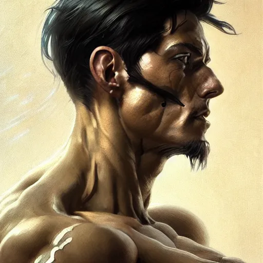 Image similar to cyborg muscular handsome man as aeon flux profile picture by greg rutkowski, long bangs, going gray, dynamic pose, intricate, futuristic, fantasy, elegant, by stanley artgerm lau, greg rutkowski, thomas kindkade, alphonse mucha, loish, norman rockwell,